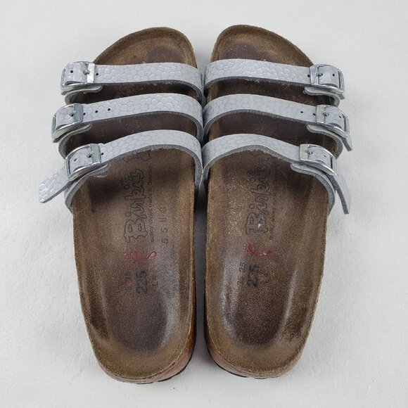 Birkis Birkenstock Metallic Sandals Silver Womens 4-4.5 35 Leather Strappy Slide - Picture 8 of 11